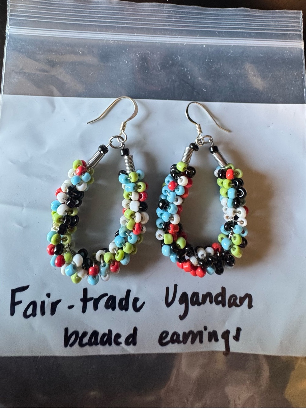 Handmade Multicolor Beaded Hoop Earrings — purchased at Fair trade market.